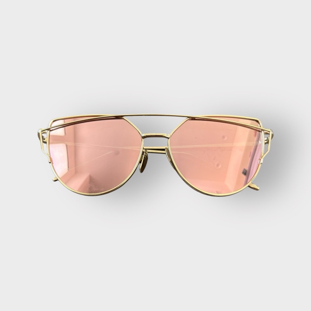 Cat Eye Rose Gold Mirrored Strikethrough Flat Metal Framed Sunglasses